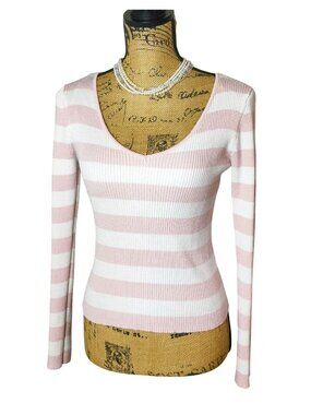 Sweet Republic Womens M Long Sleeve Sweater Pink White Striped Ribbed V-Neck